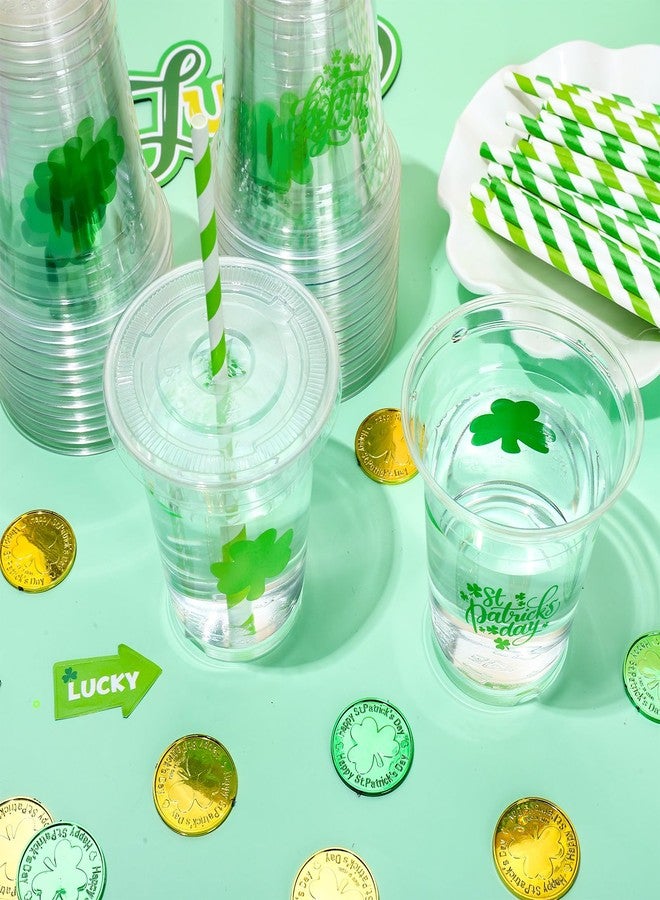 JarThenaAMCS أكواب بلاستيكية للاستخدام مرة واحدة من JarThenaAMCS، 50 قطعة، مع أغطية وماصات، سعة 12 أونصة، بتصميم زهرة البرسيم المحظوظة، أكواب مشروبات خضراء بنقشة نبات النفل، مثالية للاحتفالات الأيرلندية وحفلات الزفاف وأعياد الميلاد. - Image 4